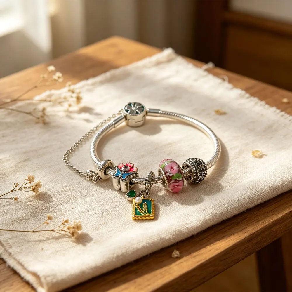 925 Silver Jewelry Set Green Wheat Field Oil Painting Beads Orange Fourleaf Clover Charms Pendant Bracelet Making Gifts with Box