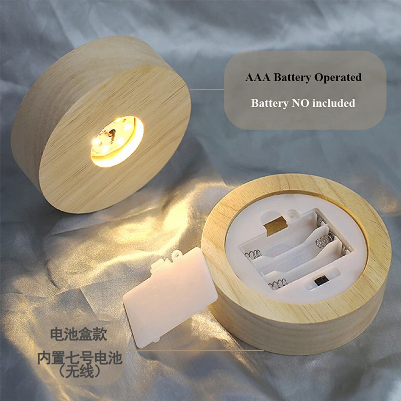 3D Crystal Glass Resin Balls Wooden Display Stand Holder Round 8cm 10cm Warm Cold Light Led Base Operated by AAA Batteries