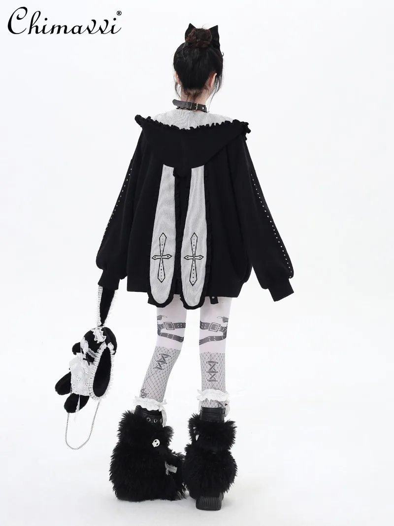 الأصلي ثقافة فرعية اليابانية الحلو كول مقنعين تصميم سترة فضفاضة الخريف جديد القوطية الظلام فتاة فضفاضة طويلة الأكمام البلوز