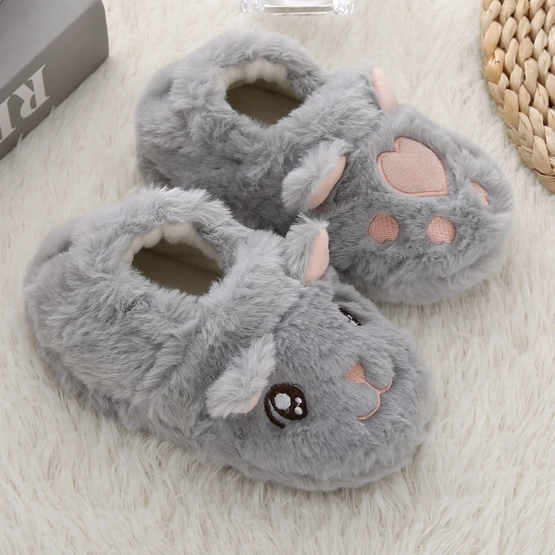 New Toddler Girls Slippers for Winter Baby Loafers Plush Warm Cartoon Cat Paw Rubber Sole Child Home Shoes Kids Indoor Footwear