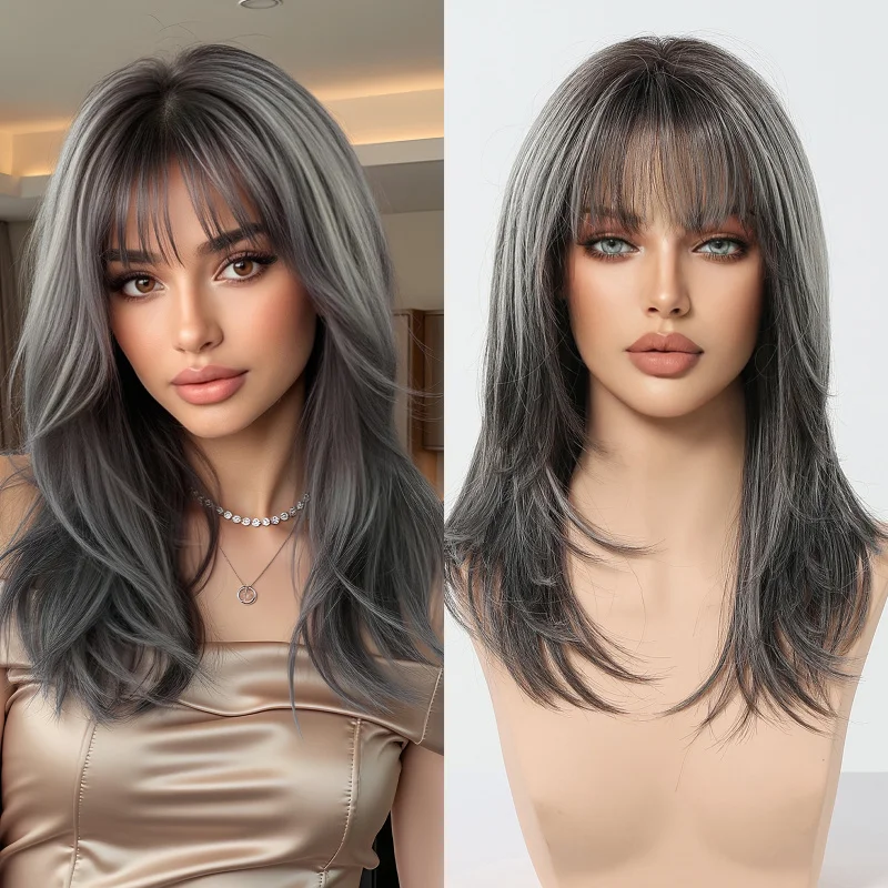 Gradual gradient high-layered medium-long hair granny gray with air bangs, naturally fluffy full head wig