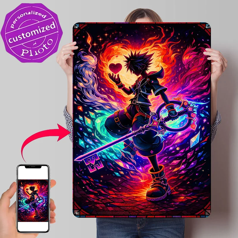 Sora Holding a Heart With Keyblade 3D Texture Printed Poster Custom Vintage Metal Tin Plate Sign for Wall Art Article Decoration