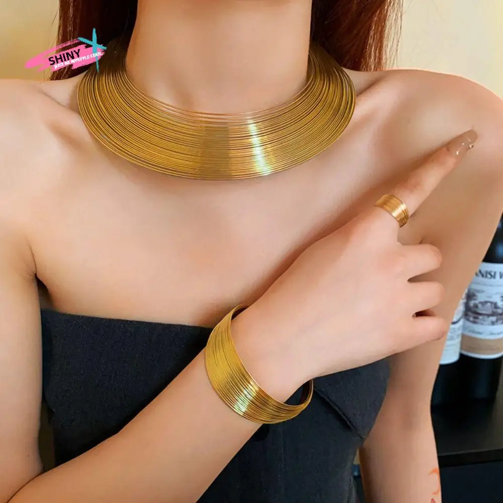 

Elegant Earring Multilayer Metal Wire Jewelry Set Korean Style Finger Ring Exaggerated Necklace Jewelry Accessories Alloy Gift