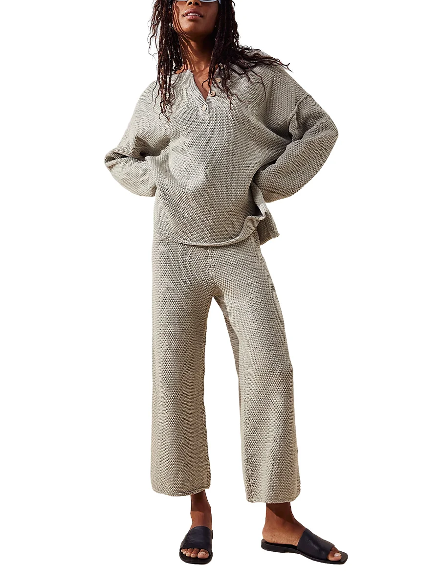 Women 2 Piece Knit Tracksuit Outfits Long Sleeve V Neck Pullover Sweater Wide Leg Long Pants Lounge Set