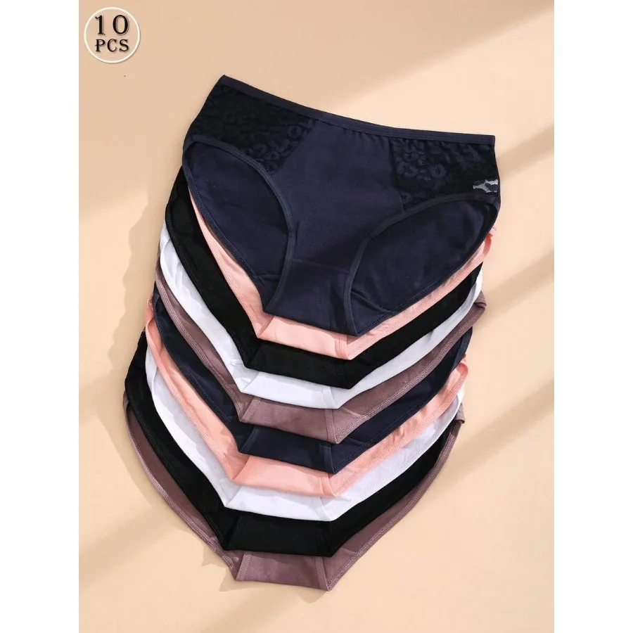 10PCS Low Waist Solid Color Cotton Panties For Women Sexy Floral Lace Triangle Panties Comfortable And Breathable Sports Underw