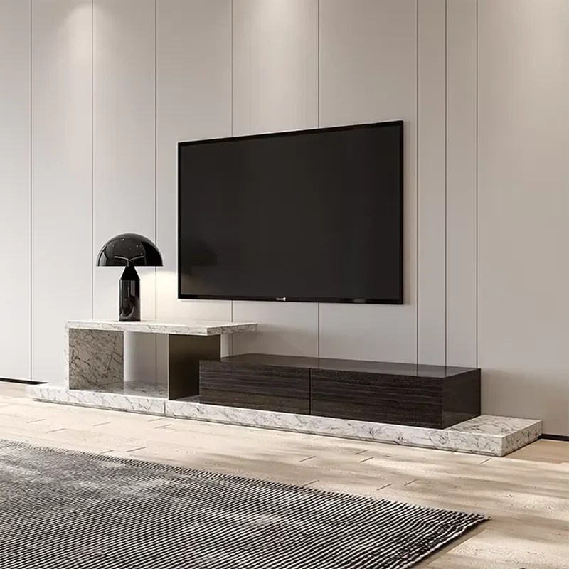 Modern Living Room Wall-Mounted TV Stand with Natural Marble and Wood Veneer Home Furniture for Apartment Use