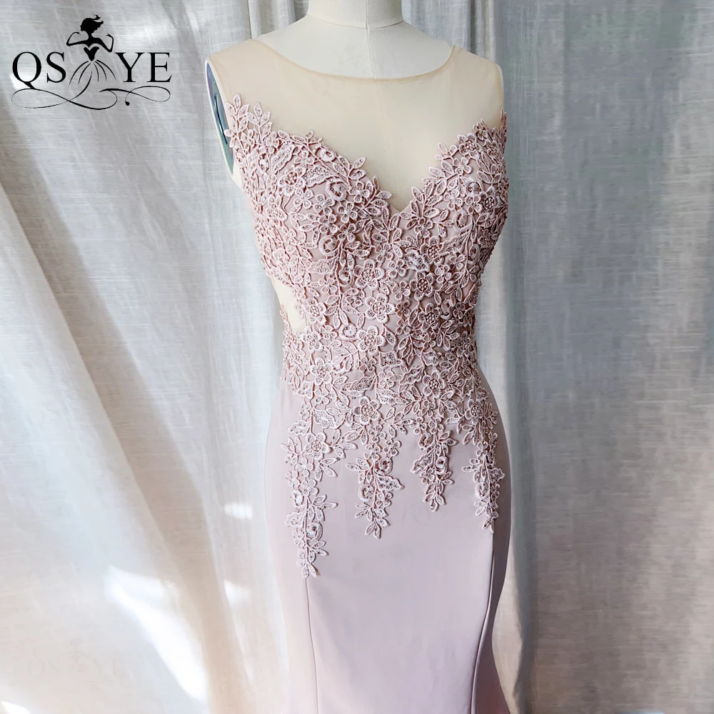 Champagne Bridesmaid Dresses Illusion Back Lace Appliques Scoop Neck Mermaid Prom Gown Stretchy Lady Elegant Evening Party Dress