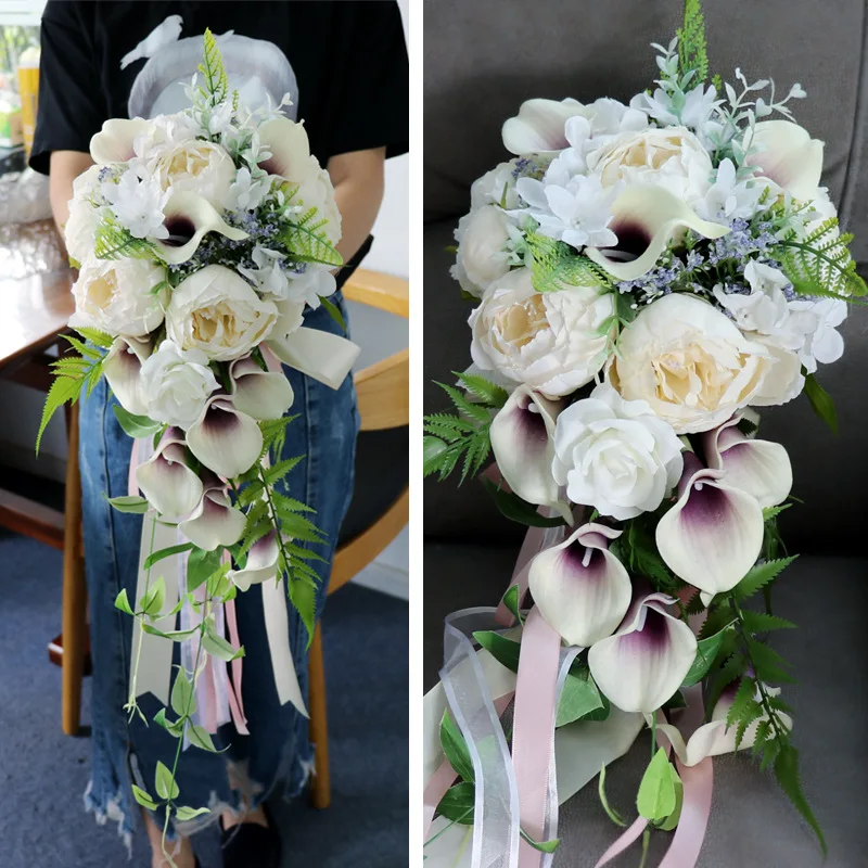 Western wedding bride bouquet water drop shape ivory white calla lily Mori wedding simulation flower wedding arrangement