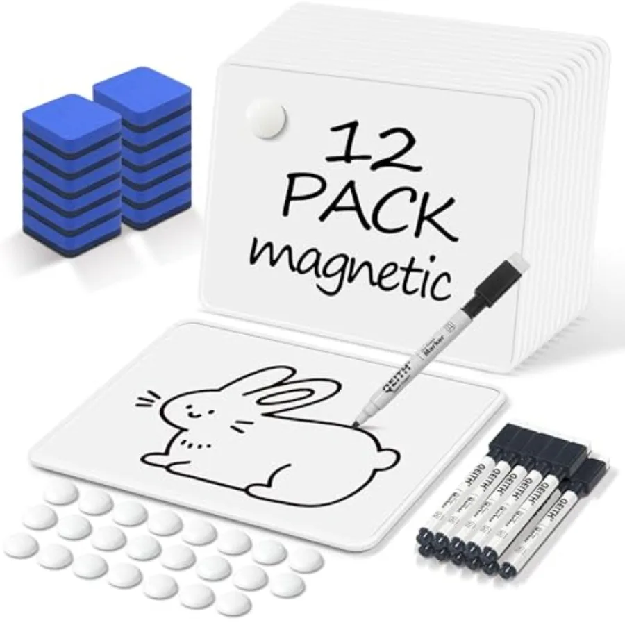 

Magnetic Dry Erase Boards, 12 Pack 9 x 12 Inch Double Sided Portable Personal Small Whiteboards, Include 12 Markers, 12 Erasers