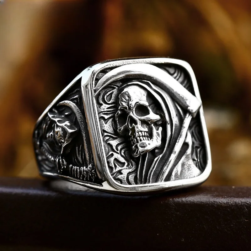 Europe and America Retro Silver Color Stainless Steel Embossed Sickle Death Ring Man Gothic Happy Halloween Hip Hop Party Ring