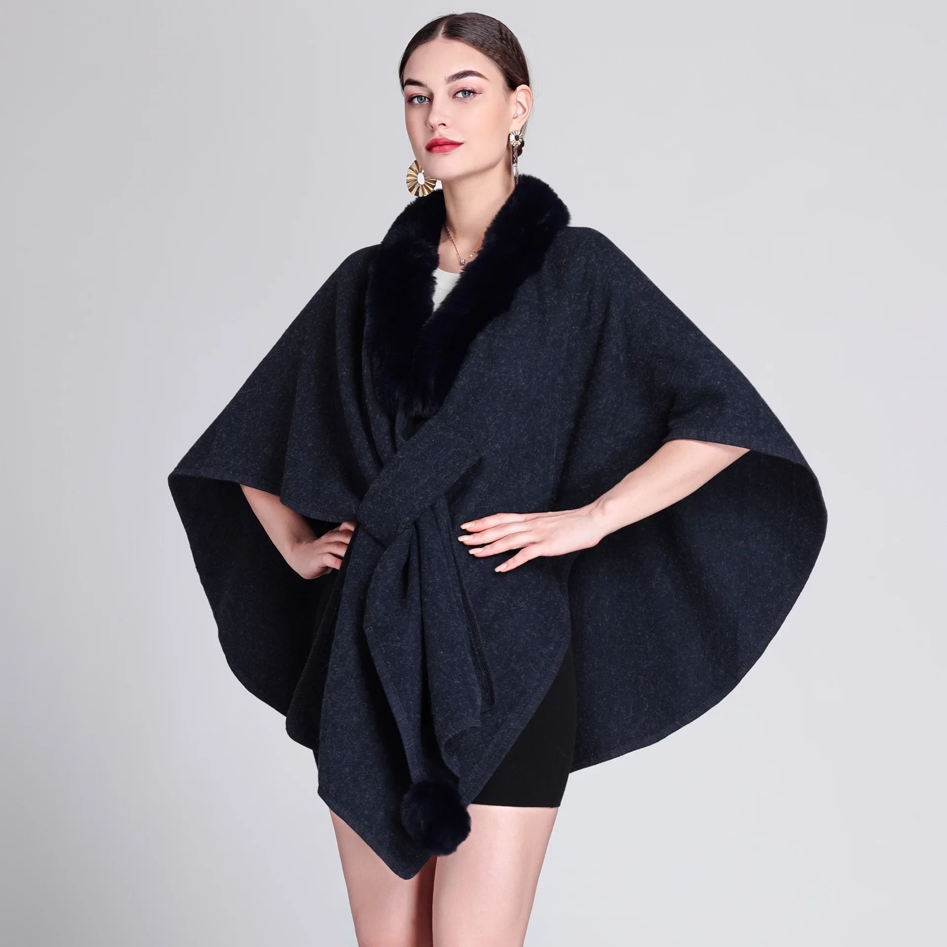 Winter Womens Faux Cashmere Fur Neck Knitted Poncho Cloak Criss-Cross Belt Pompon Cape Streetwear Shawl Oversize Warm Overcoat