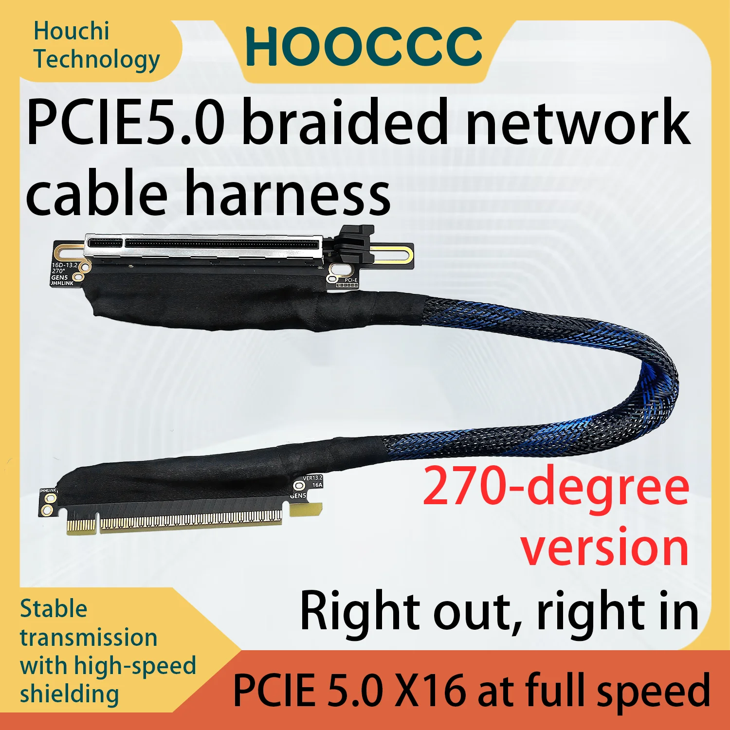 HOOCCC PCIe 5.0 x16 Riser Cable GEN5 Braided Shielded Extension Cable 64GB/s High-Speed for GPU SSD Server 30mm