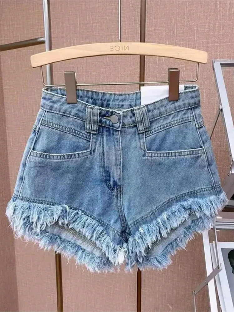 

2024 Spring Summer New in Casual Ragged Fringe Denim Shorts Baggy Blue Jeans for Women Casual Sexy Womans Clothing Loose Pants