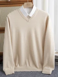 Suéter de lana merina para hombre, Jersey de manga larga con cuello en V, Jersey grueso, camisa de punto de Cachemira, listo para usar, de primera línea, otoño e invierno, 100%