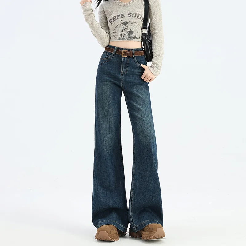 

Blue Elasticity Women's Flared Trousers Spring Autumn New Slim Fashion Long Denim Pants Do Old Retro Jeans Complimentary Belt