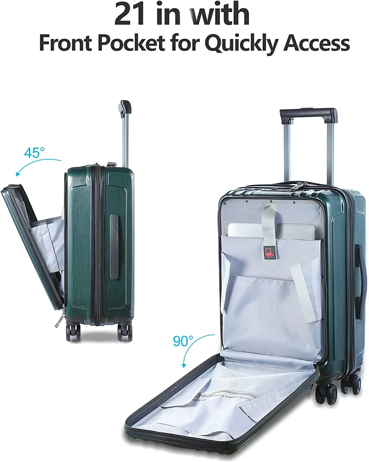 Luggage Set 3 Piece 21/24/28 Front Laptop Pocket&Expandable ABS+PC Lightweight Hardshell Suitcase Spinner Wheels TSA Lock Green