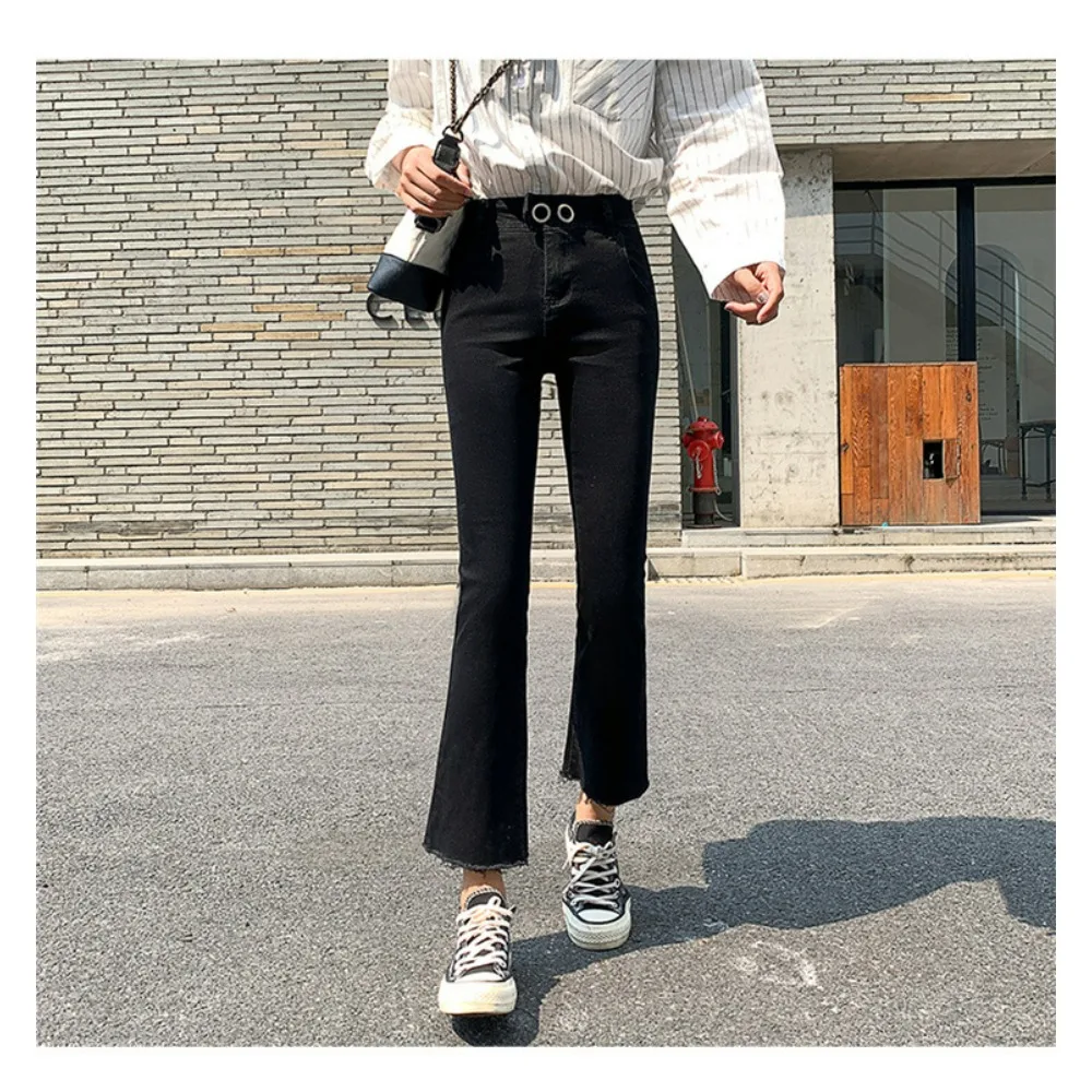 Jeans svasati neri a vita alta da donna, pantaloni alla caviglia drappeggiati autunno inverno 2025 |   Gamba larga dimagrante