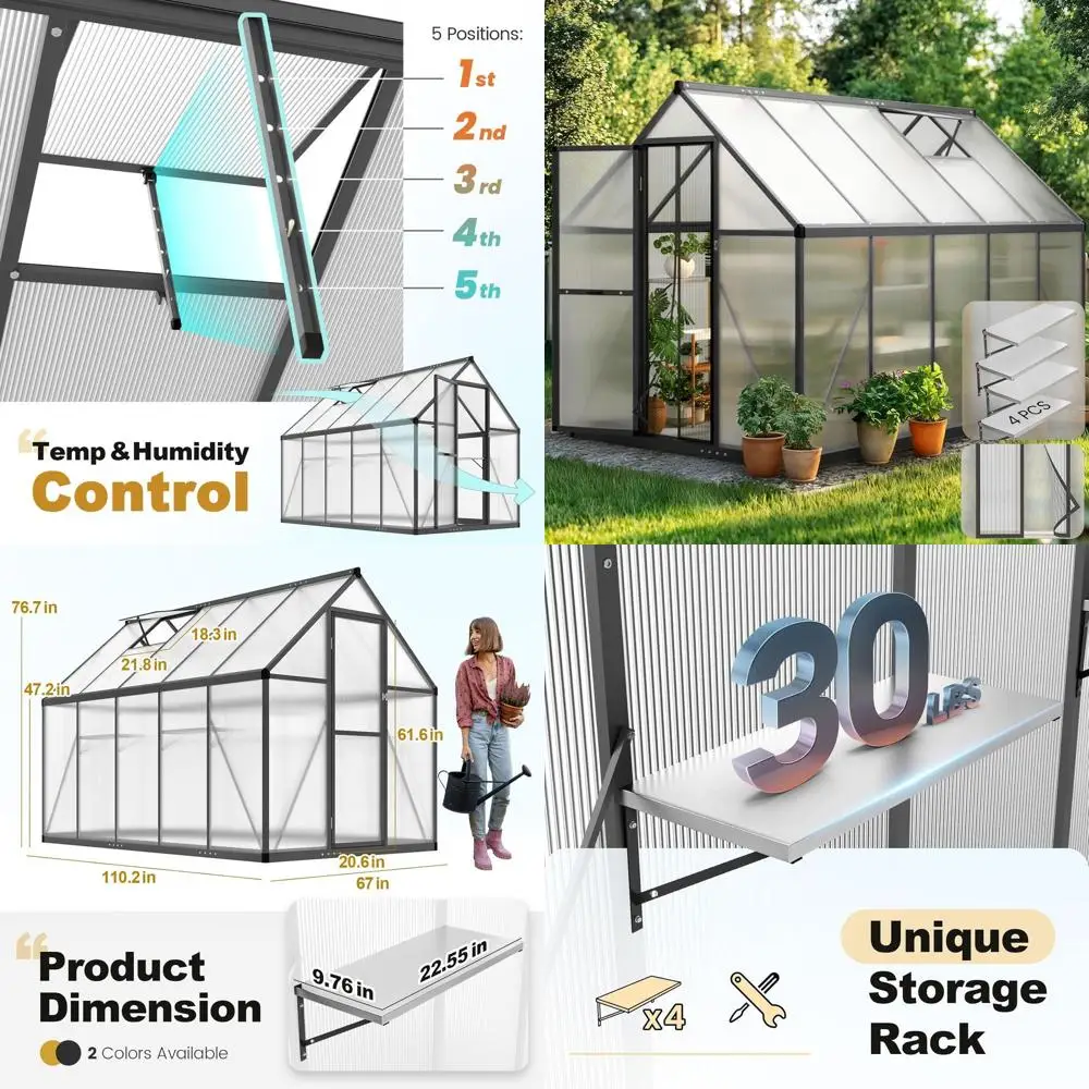 

9.2x6 UV-Resistant Polycarbonate Walk-In Greenhouse with Lockable Mesh Door, Roof Vent, and 4 Shelves, Black