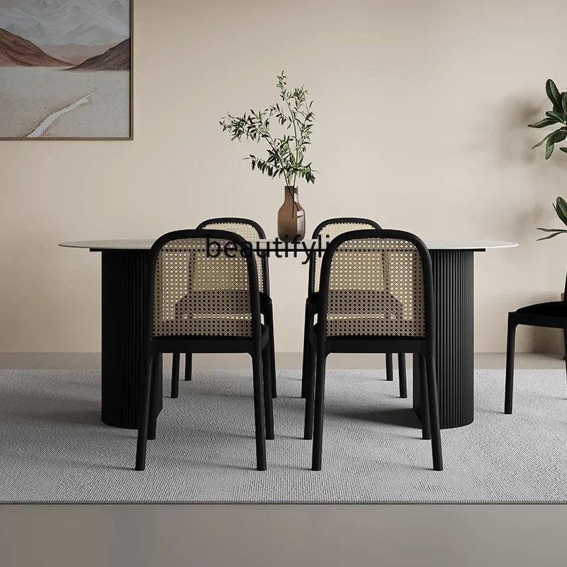 182C Nordic Cave Stone Stone Plate Dining Table Simple Apartment Living Room Rectangular Dining Table Dining Chair Combination