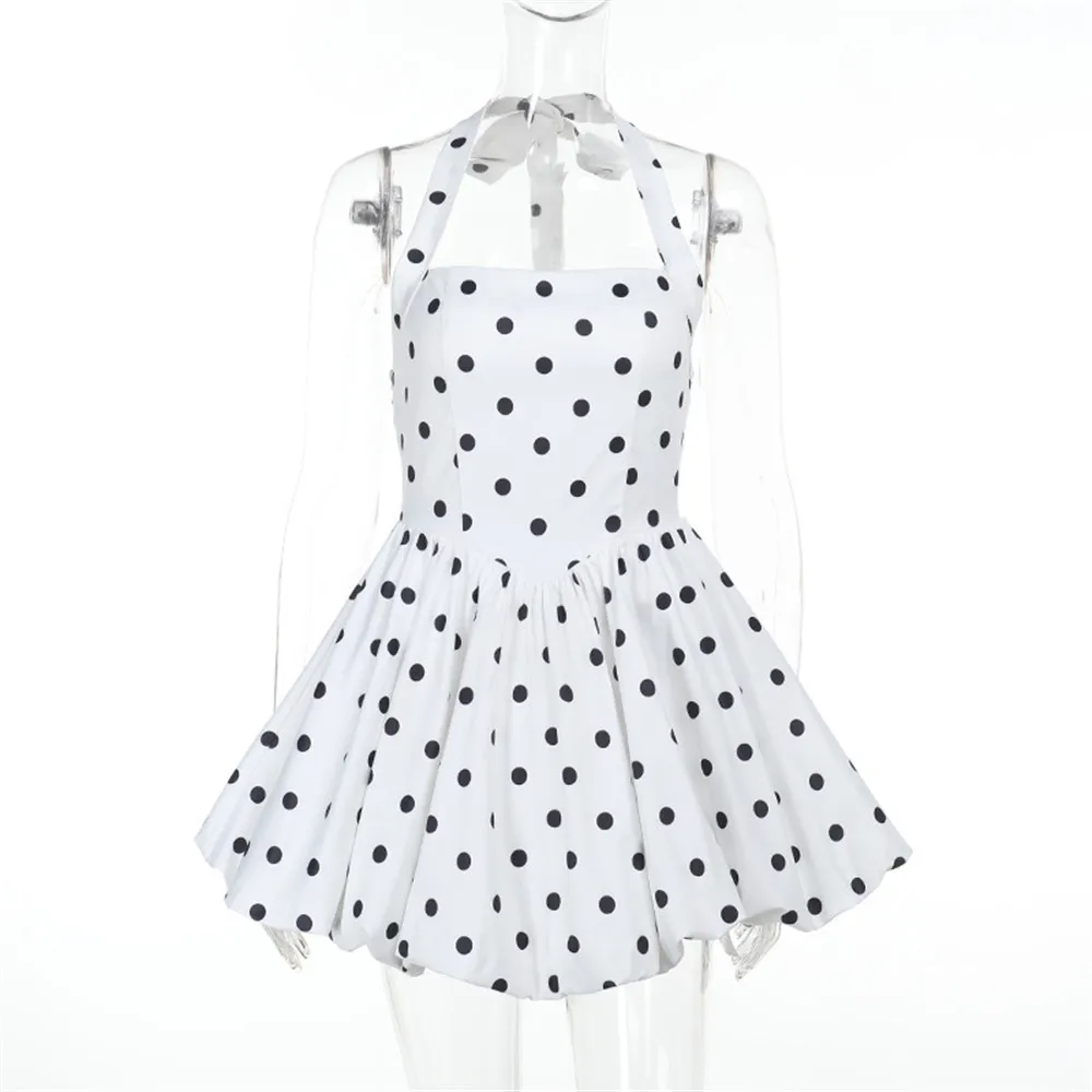 여성 홀터 드레스 패션 섹시한 뜨거운 여자 등이없는 슬림 계층 미니 드레스 폴카 도트 파티 의류 여름 우아한 streetwear