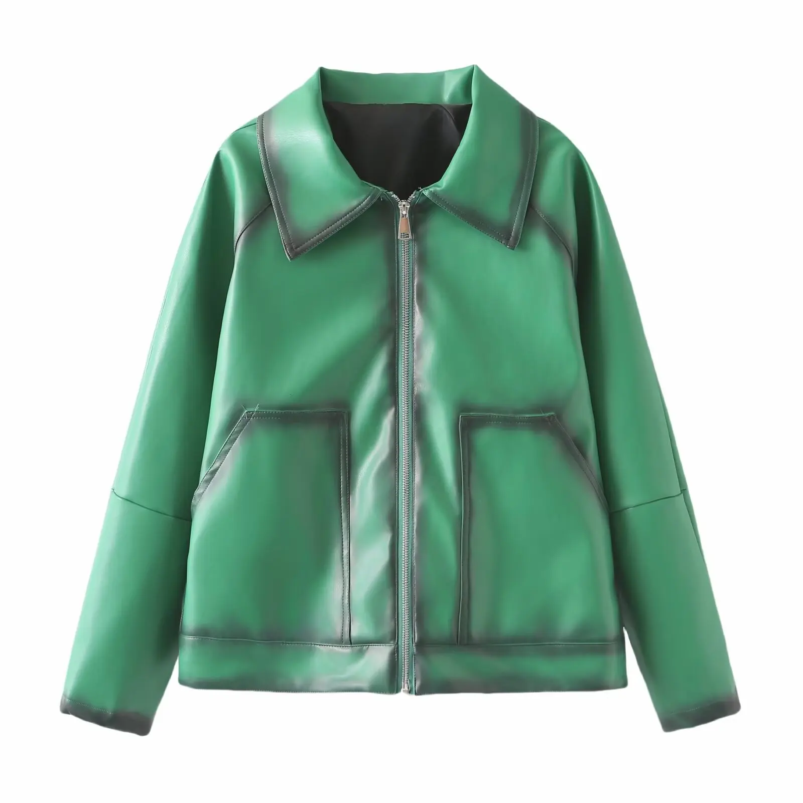 

Street Sle een Jaet Zipper Collar Cross-Border Spring Autumn Faion Women's Leather Coat Long Sve Trendy Person