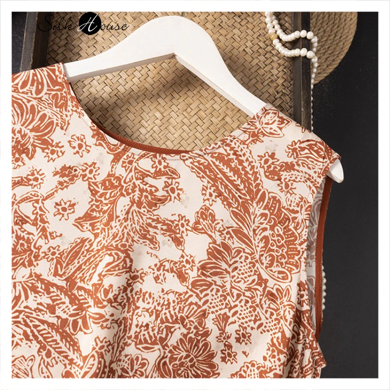 Red Forest Positioning Print 100% Natural Mulberry Silk Women's Fashionable Round Neck Vest Dress