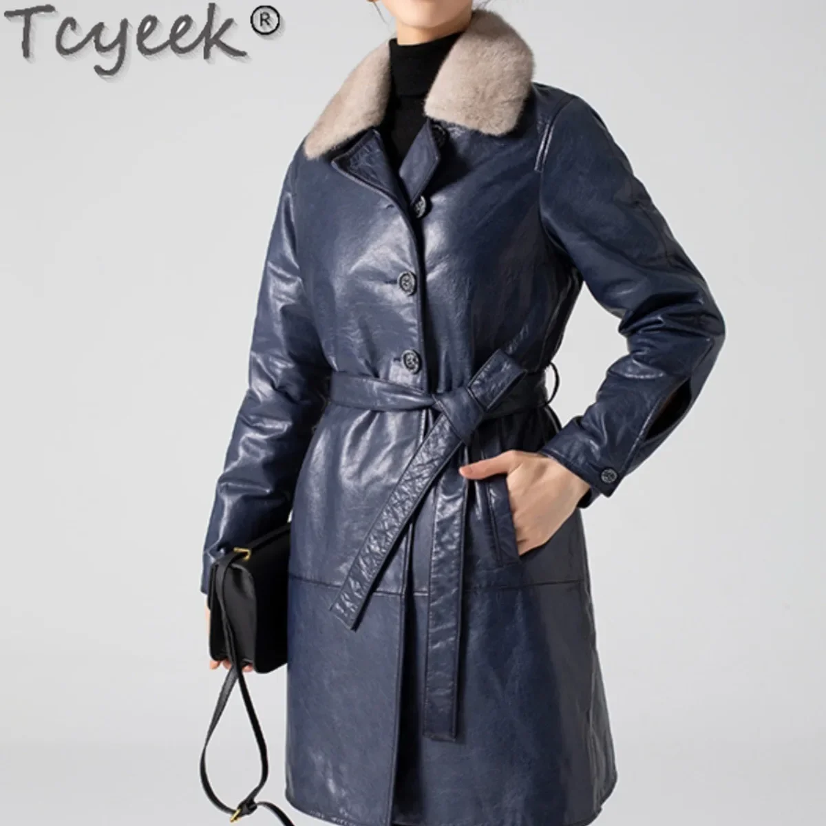 Tcyeek-Doudoune en cuir véritable pour femme, col en fourrure de vison chaud, vestes mi-longues, manteau en peau de mouton d'avertissement à l'huile, vêtements d'hiver