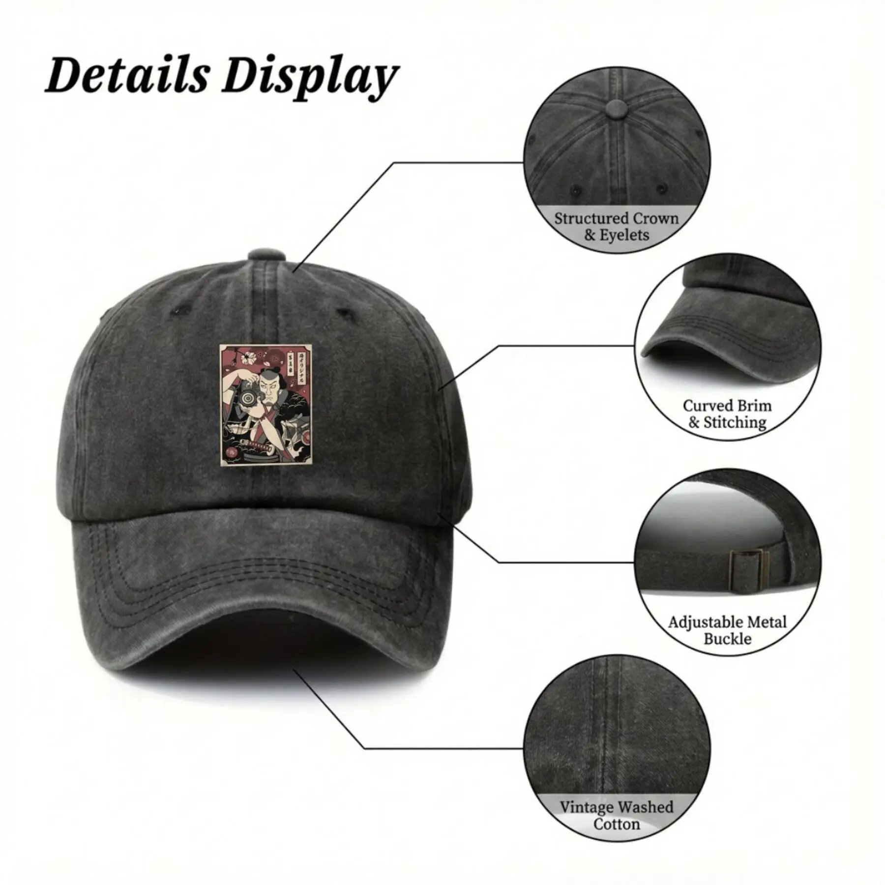 Samurai Photographer Ukiyo-e Art Design klassische, gewaschene Baseballkappe mit Aufdruck, leichte, atmungsaktive, weiche Entenschnabelkappe
