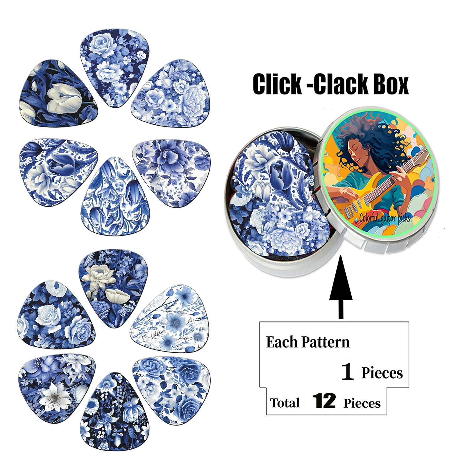 12PCS ABS Guitar Picks with Metal Box - Unique Colorful Printed Plectrums for Electric/Bass, Durable Guitar Accessories Gift Set