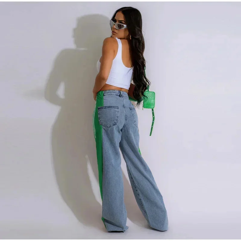 Splicing Three Stripe Wide Leg Denim Pants Women Casual High Waisted Elastic Straight Leg Pants Color Block Straight Trouser