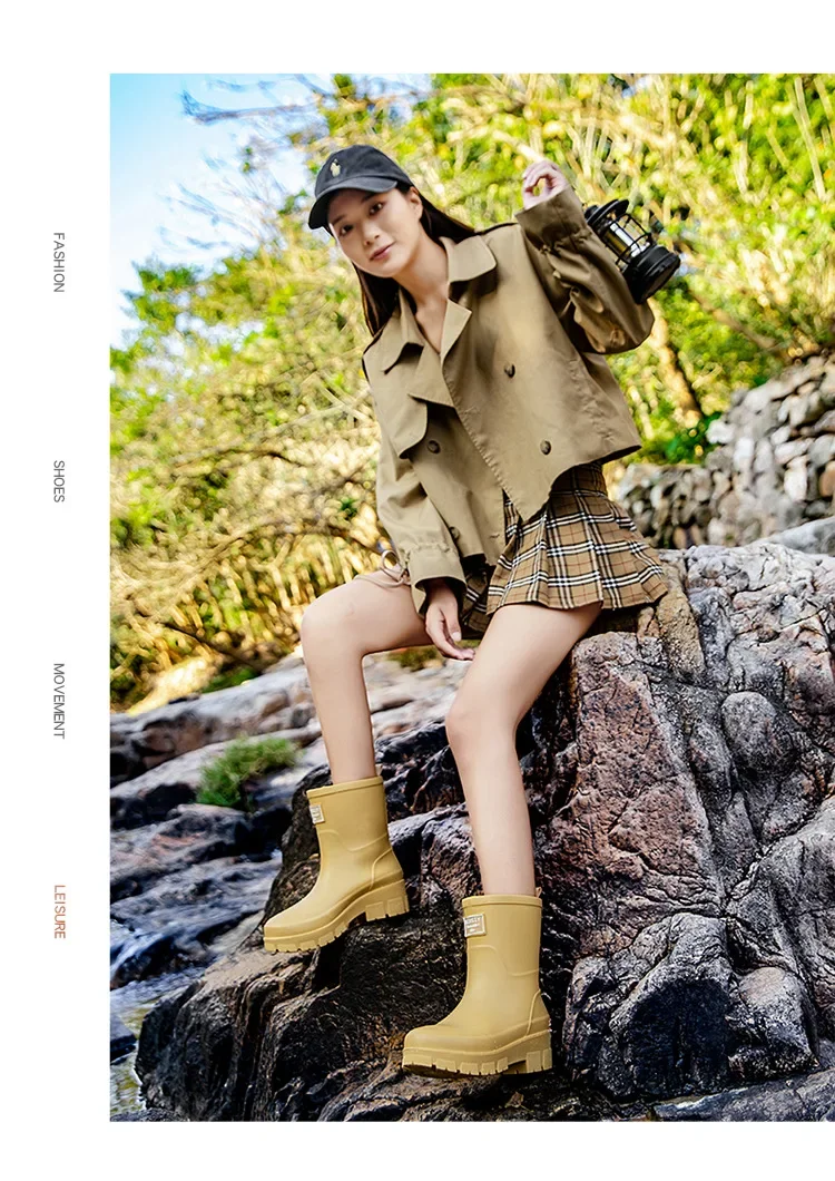 2026 Modische koreanische Damen-Regenstiefel (Wadenhöhe) mit dicker Sohle, verschleißfest, rutschfest, wasserdicht, für die Autowäsche geeignet – Detail 20