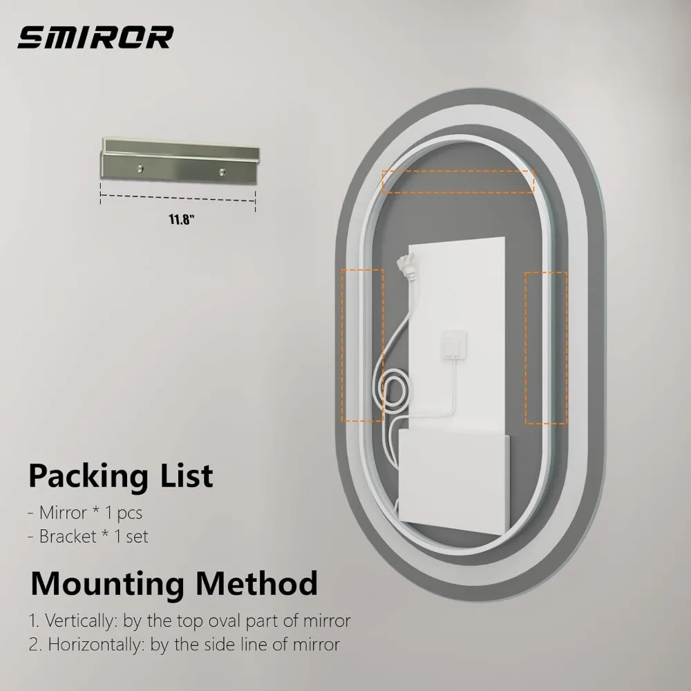 مرآة حمام SMIROR بيضاوية الشكل بإضاءة LED للجدار 24x36، مرآة مضيئة على شكل حبوب منع الحمل مع أضواء، إضاءة أمامية وإضاءة خلفية، 3 C #6