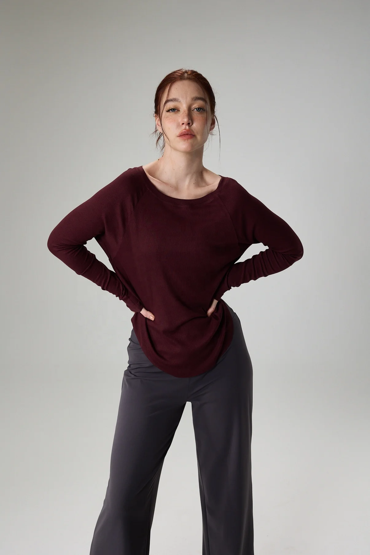 Relaxed Fit Boatneck Long Sleeve Ribbed Shirts Women Naturally Breathable Bum Covering Length Casual Yoga Oversized Shirt