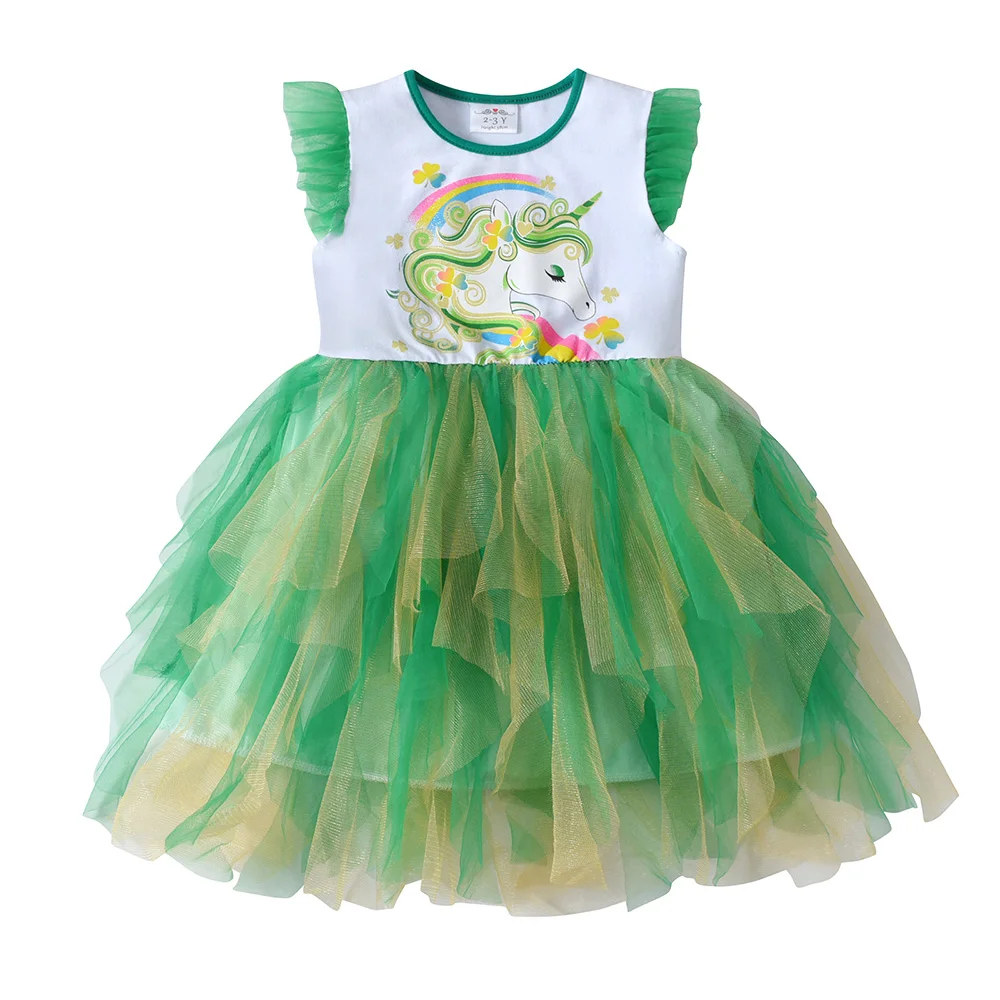 Girl Flare Sleeve Dress Kids Green Tulle Mesh Irregular Tutu Dresses Kids Glittery Unicorn Princess Holiday Festival Parry Dress