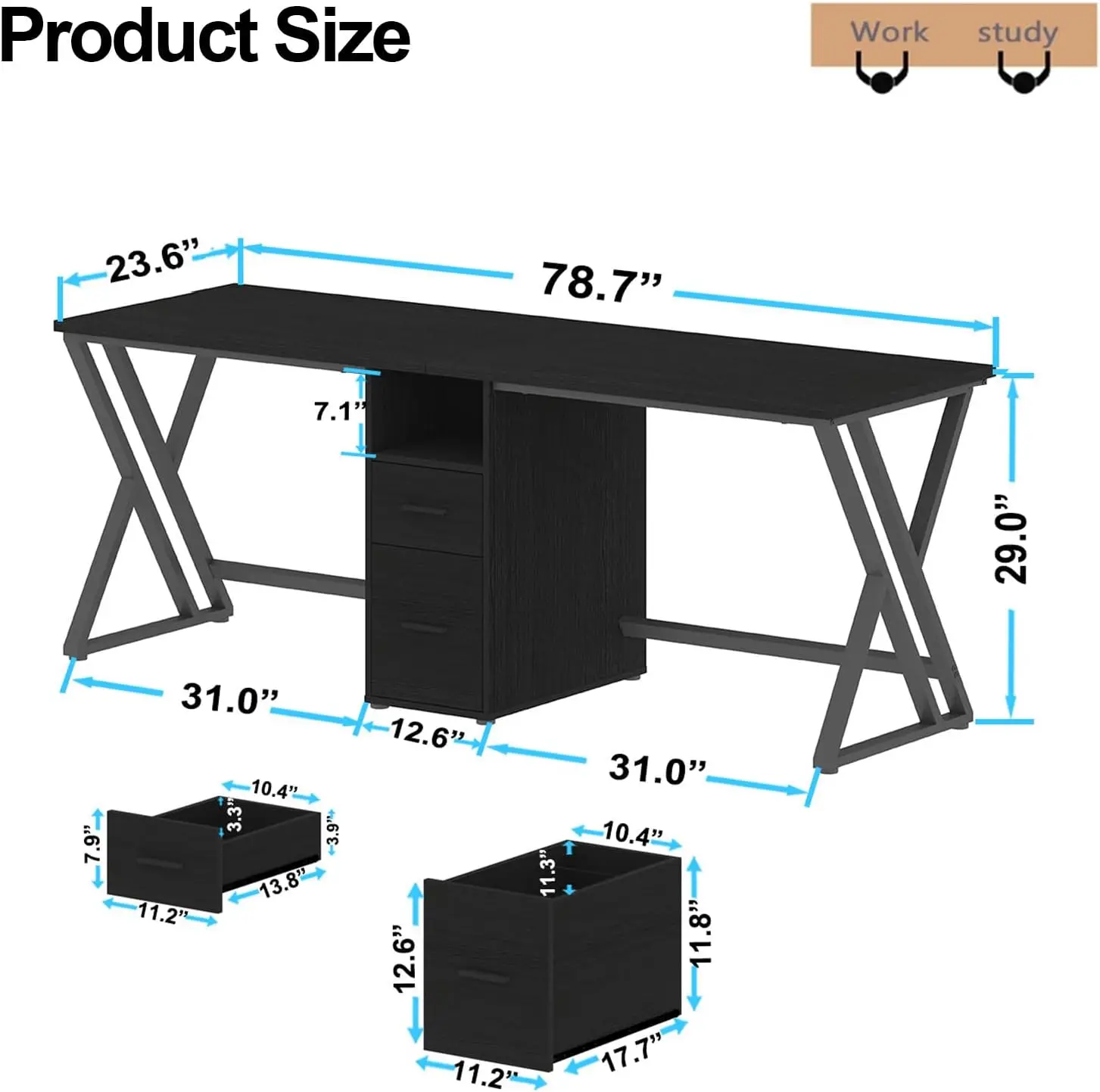 Lvb Extra Long Two Person Desk, Large Black Computer Desk With File Drawer, Wood Metal Double Gaming Desk With Storage Cabinet,