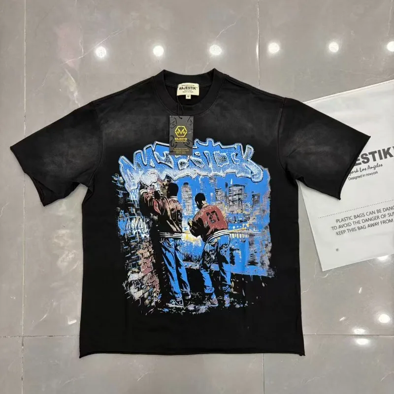 Majestik Original Label High Quality Short Sleeved Retro Hip-hop Men's Printed T-shirt Vintage Round Neck Tops