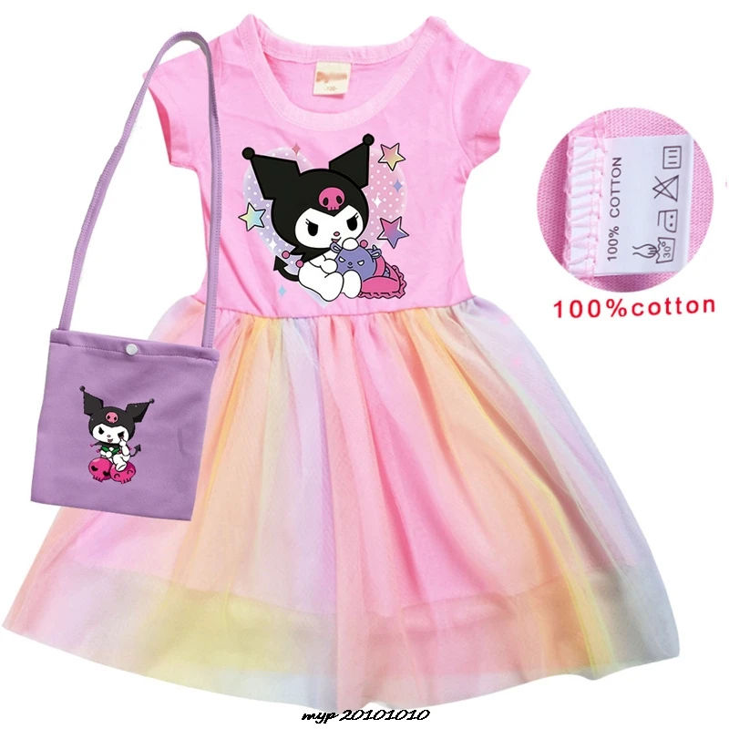 Hot Lovely Kuromi Melody Clothes Baby Girls Casual Dresses Kids Cartoon Clothes Children Short Sleeve Wedding Dress + Bag Gift