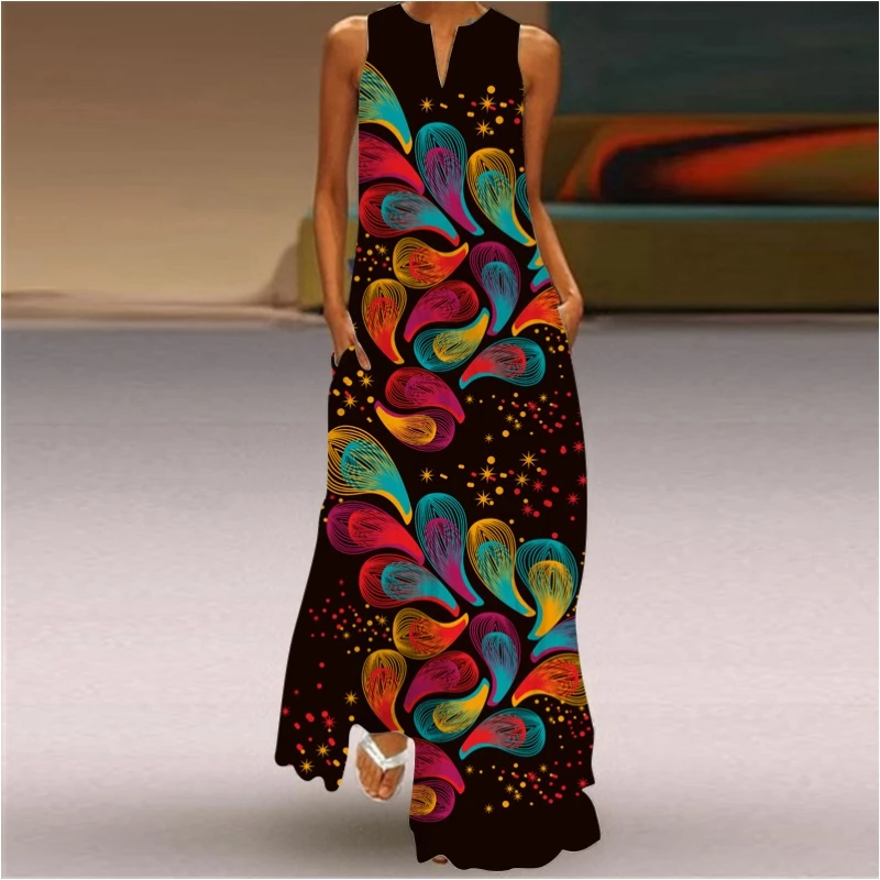 2024new summer women's pullover sleeveless long skirt V-neck printed dress elegant and personalized street commuting temperament