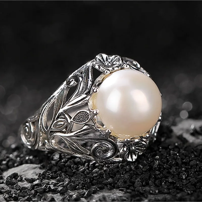 Genuine S925 Sterling Silver Rings for Women New Fashion Round Freshwater Pearl Hollowed Out Eternal Vine Ring Adjustable