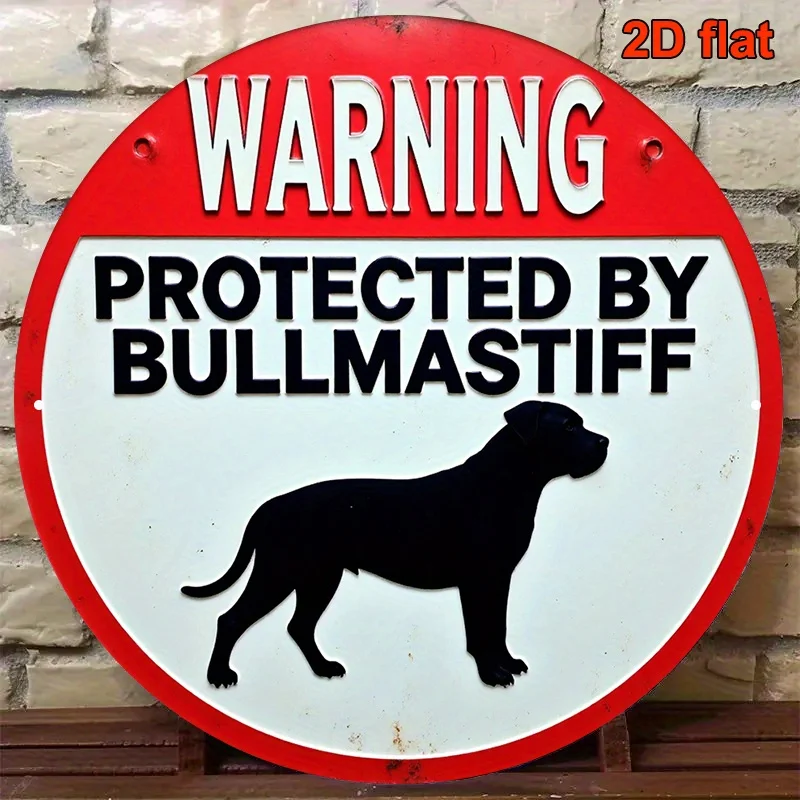 2D Flat, Vintage Bullmastiff Dog Warning Sign - Heavy-Duty Aluminum Mastiff Plaque with Caution Design Dog Threat Sign