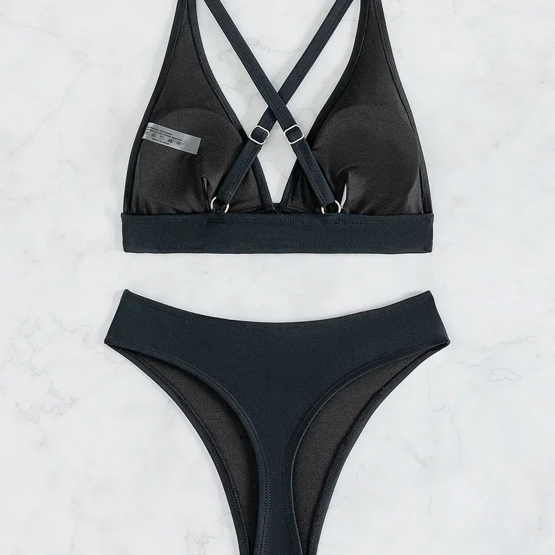 Solid Color Black Swimsuit for Women 2025 Summer High Waist 2-piece Bikini Set Beach Bathing Suit Bandage Vacation Swimwear