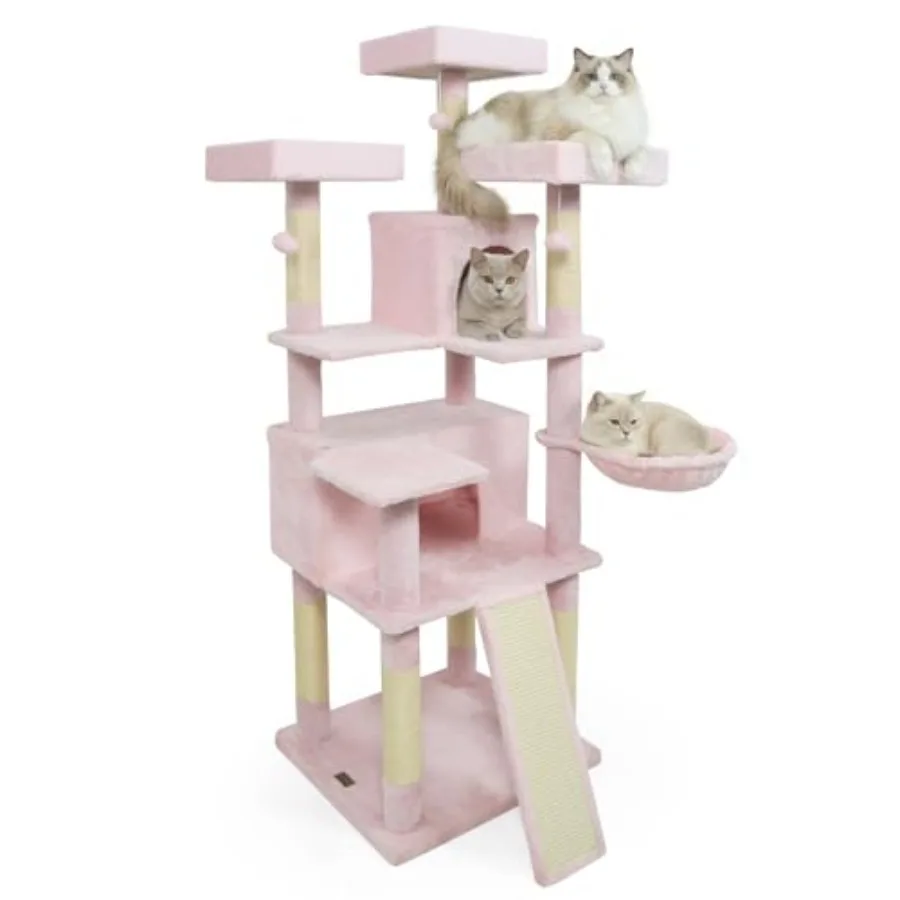 

65 Inch Tall Pink Cat Tree Multi-Level Cat Tower with Sisal Scratching Posts Board 2 Condos 3 Plush Top Perches Adjustable Bask