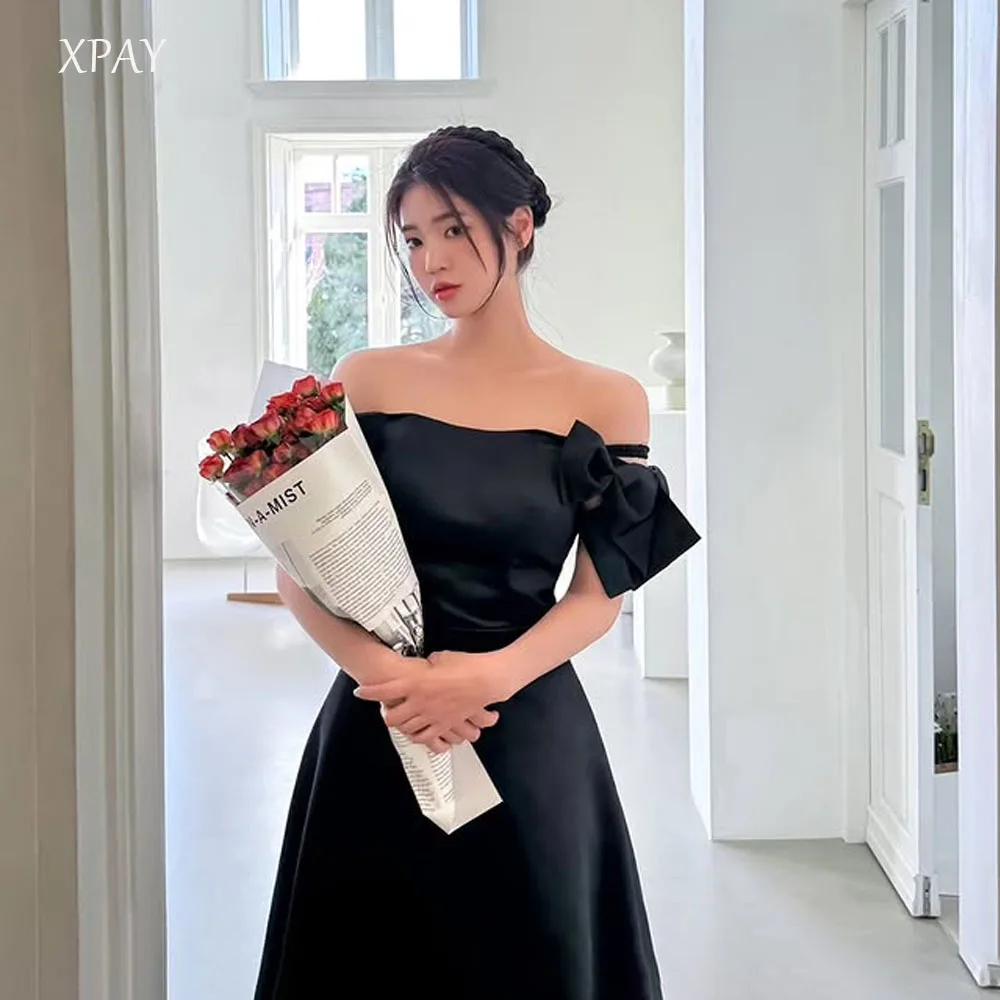 

XPAY Classic Black Satin A-Line Evening Party Dresses Korea Bow Off Shoulder Wedding Women Gowns Event Prom Gowns Customized