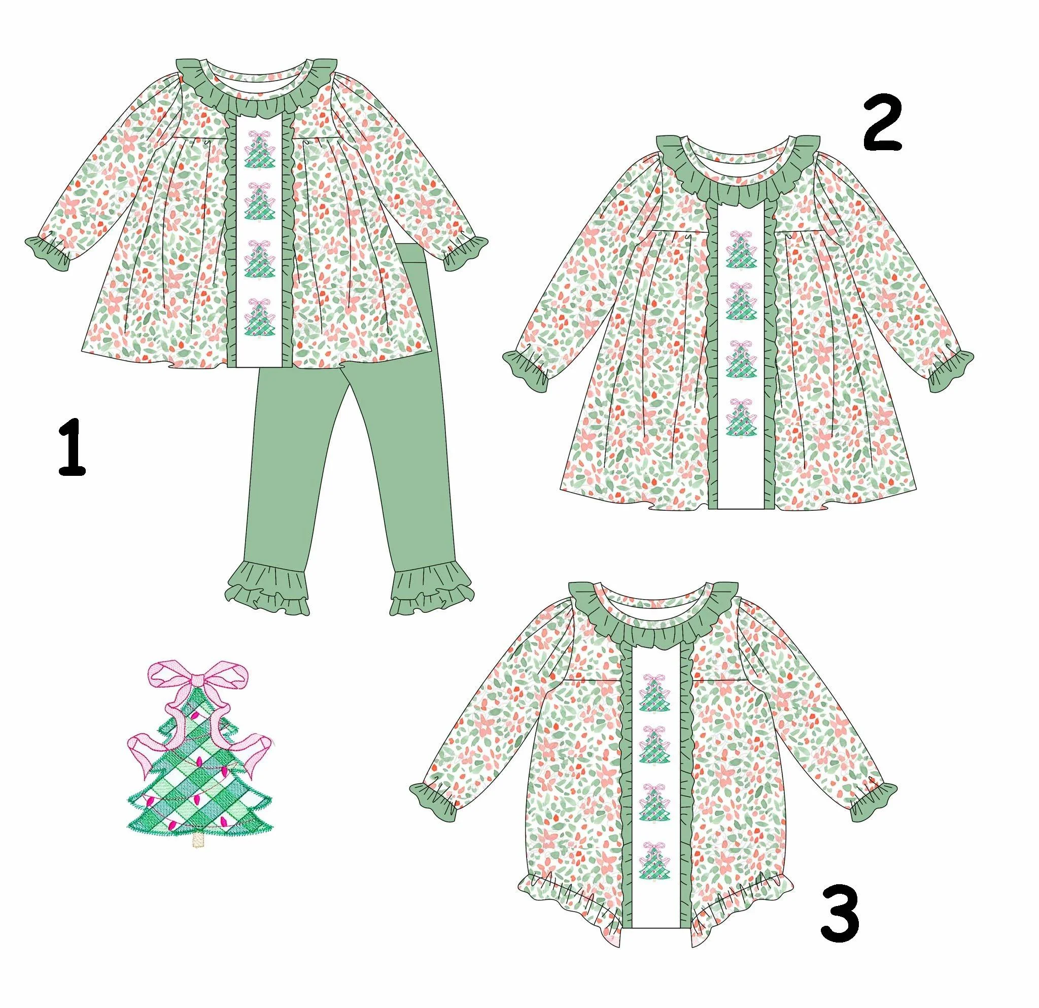 

Hot selling Christmas boutique children's clothing cartoon Christmas tree print blue Christmas long sleeve suit wholesale custom