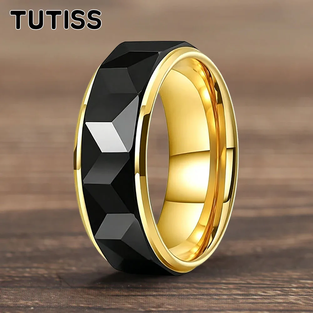 

TUTISS 8mm Ring Wide Faceted Cut Geometric Tungsten Carbide Wedding Rings For Men Jewelry Male Anillos Bague USA Size 6-15