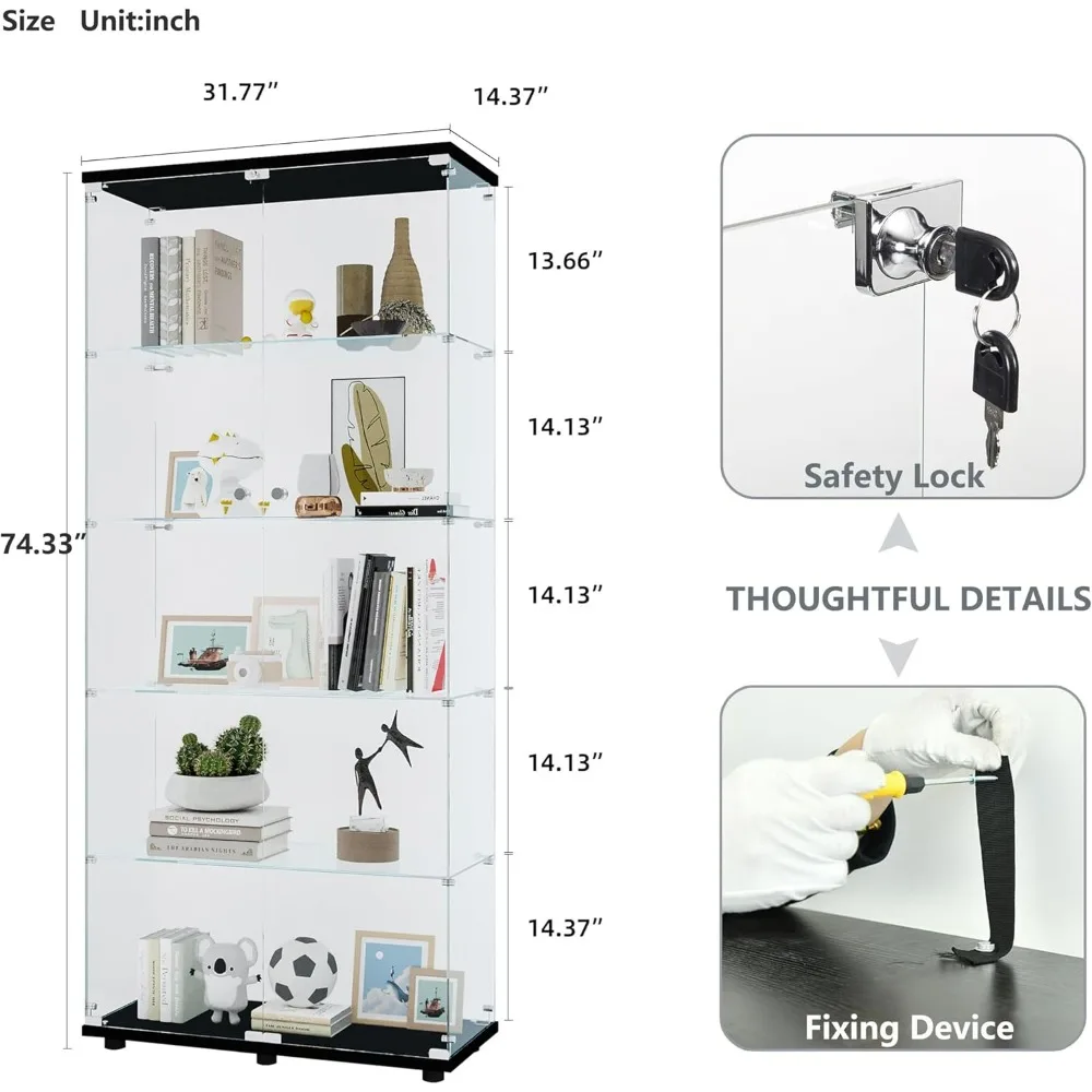 5 Tier Glass Display Cabinet with Door Lock,Clear Cabinets Case Collection Display Black Extra Large 74 inch Tall Floor Standing