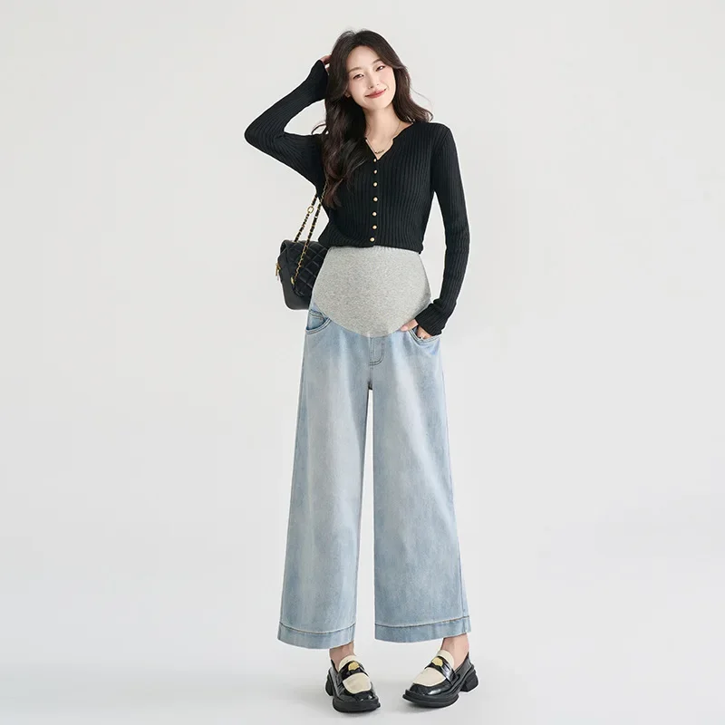 Maternity Wide-Leg Jeans - Fashionable Granny Pants for Pregnant Women, Comfortable Spring & Autumn Pregnancy Trousers