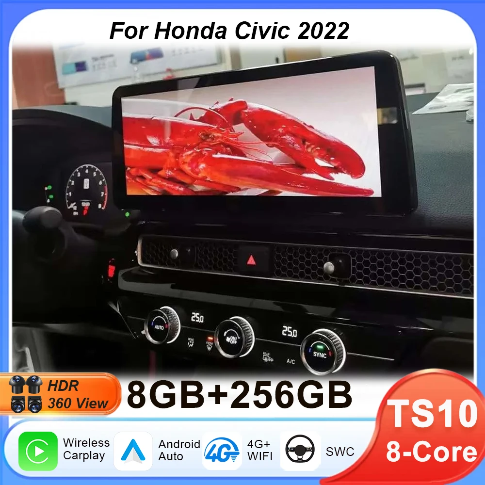 Wireless Carplay Auto radio 12.3 inch Touch Screen For Honda Civic 2022 GPS Navigation DSP Stereo Bluetooth GPS Navigation