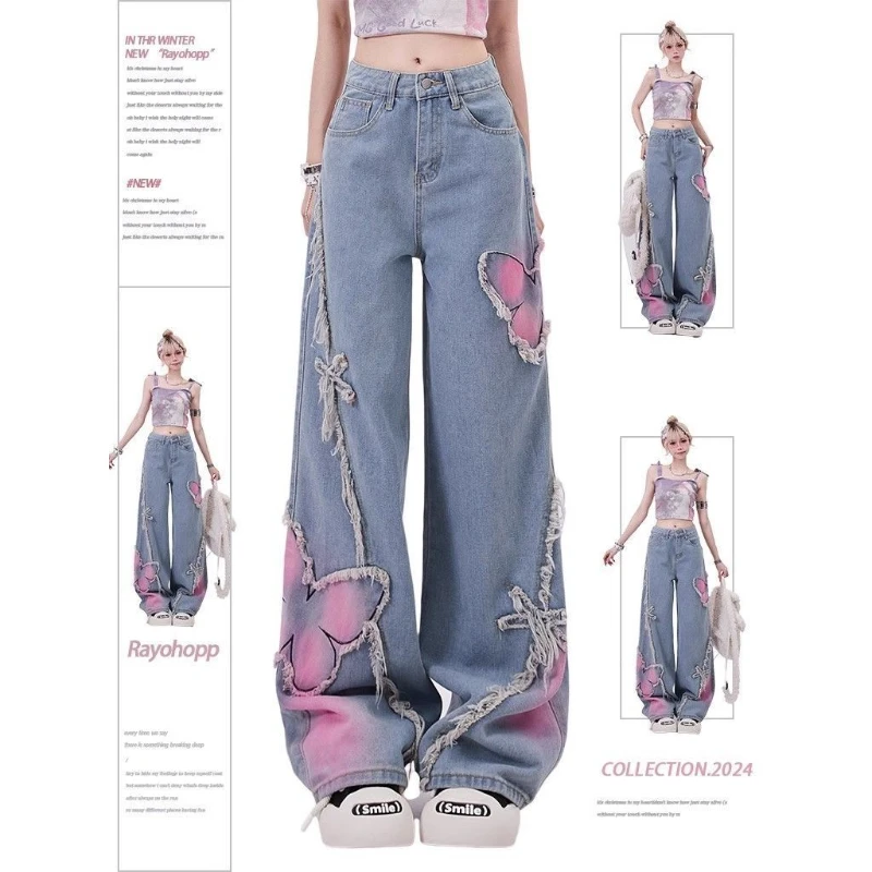 

Slacks Soft Retro American Embroidery New Loose Bow Straight Pat Leg Jeans Women Wide Leg High Waist Girl Baggy Mop Denim Pants