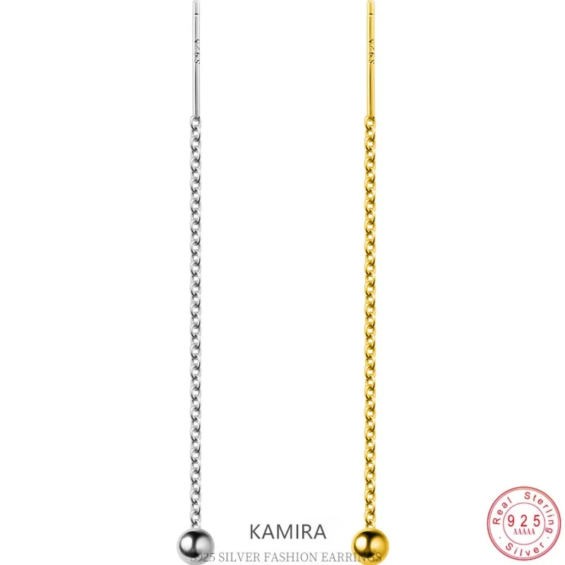 KAMIRA 925 Sterling Silver Mini Ball Threader Earrings Long Thin Chain Bead Drop Ear Threads Dainty Piercing Jewelry for Women
